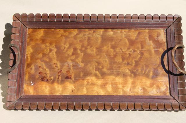 photo of arts & crafts period vintage carved wood tray w/ hammered wrought copper handles #6