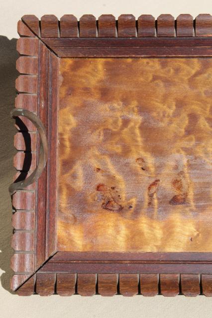 photo of arts & crafts period vintage carved wood tray w/ hammered wrought copper handles #7