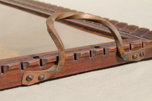 photo of arts & crafts period vintage carved wood tray w/ hammered wrought copper handles #9