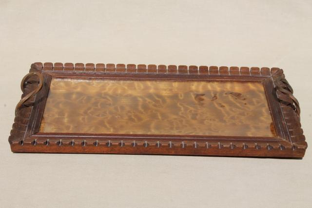 photo of arts & crafts period vintage carved wood tray w/ hammered wrought copper handles #10