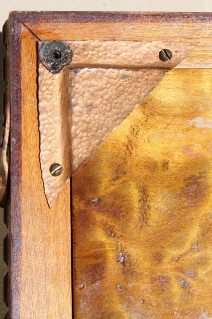 photo of arts & crafts period vintage carved wood tray w/ hammered wrought copper handles #13