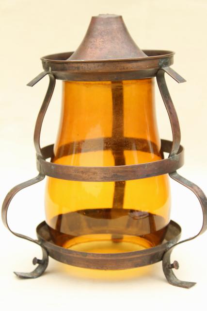photo of arts & crafts vintage copper cage light shade, amber glass chimney pendant lamp globe #1