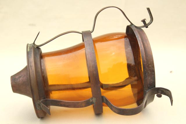 photo of arts & crafts vintage copper cage light shade, amber glass chimney pendant lamp globe #3