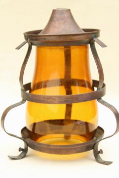 catalog photo of arts & crafts vintage copper cage light shade, amber glass chimney pendant lamp globe