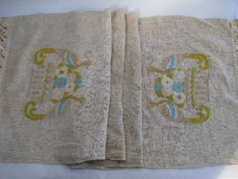 photo of arts & crafts vintage rough linen table runner w/ tapestry birds, heavy fringe #1