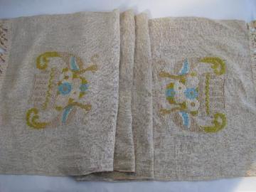 catalog photo of arts & crafts vintage rough linen table runner w/ tapestry birds, heavy fringe