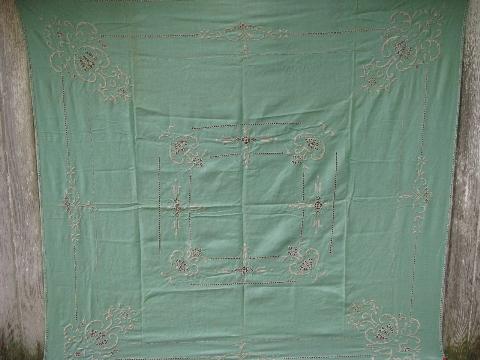 photo of arts&crafts vintage drawn thread table cover, nile green cloth w/ flax #1