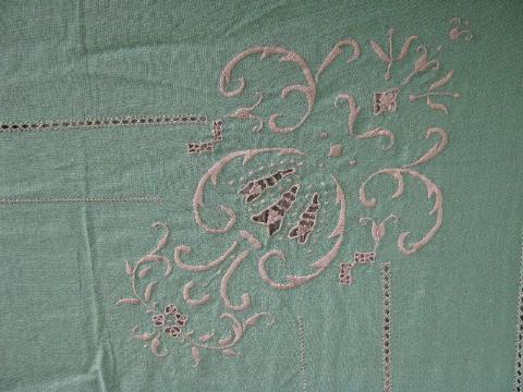 photo of arts&crafts vintage drawn thread table cover, nile green cloth w/ flax #2