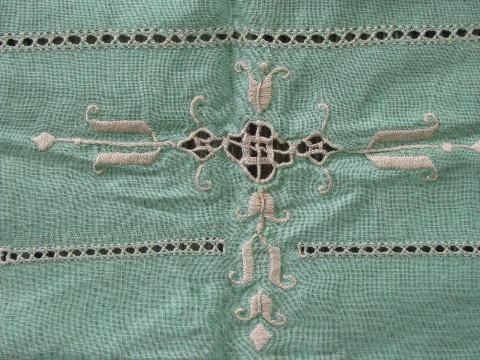 photo of arts&crafts vintage drawn thread table cover, nile green cloth w/ flax #3