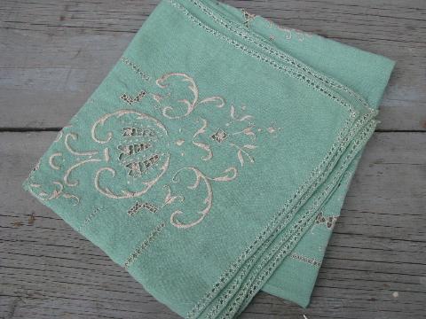 photo of arts&crafts vintage drawn thread table cover, nile green cloth w/ flax #4