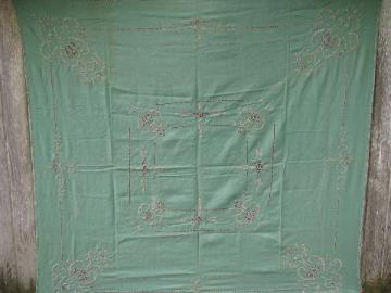 catalog photo of arts&crafts vintage drawn thread table cover, nile green cloth w/ flax