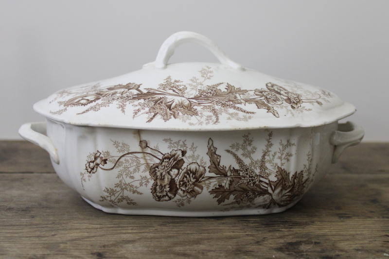 photo of asethetic antique transferware china covered dish, vintage 1900 Johnson Bros Paris poppy pattern #1