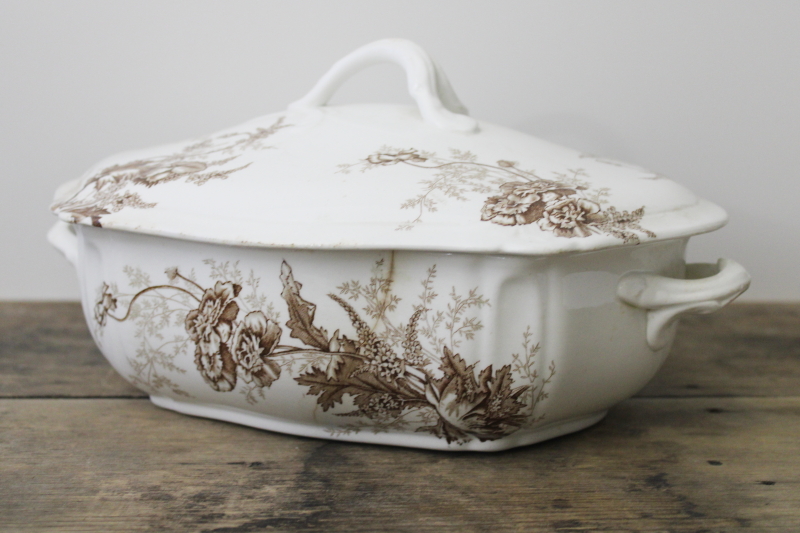 photo of asethetic antique transferware china covered dish, vintage 1900 Johnson Bros Paris poppy pattern #9