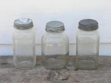 catalog photo of assorted old glass hoosier vintage pantry storage jars, blanks for labels