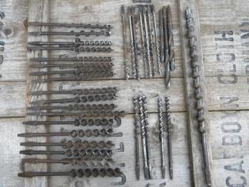 catalog photo of assorted old wood auger bits for hand brace drills, vintage tool lot