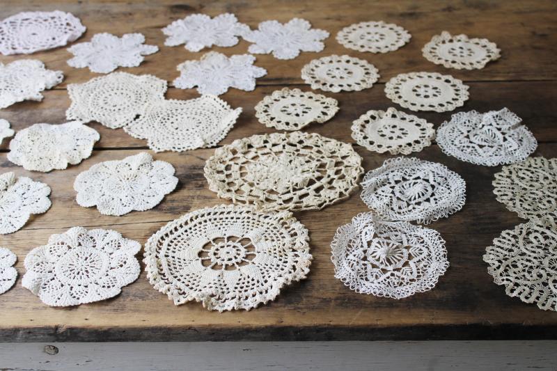 photo of assorted small doilies, lace & crochet table mats & goblet rounds, vintage doily lot #1