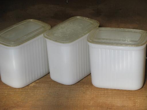 photo of assorted vintage refrigerator boxes, milk white glass fridge box lot #5