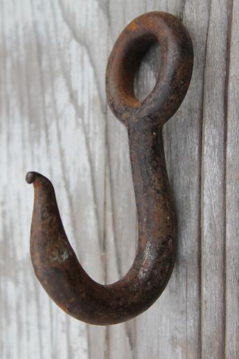 photo of authentic antique barn hardware, old forged iron hook farm rope pulley hanger #1