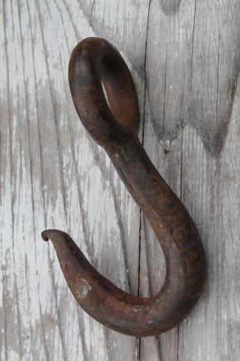 photo of authentic antique barn hardware, old forged iron hook farm rope pulley hanger #2