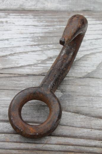 photo of authentic antique barn hardware, old forged iron hook farm rope pulley hanger #3