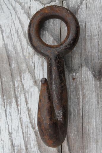 photo of authentic antique barn hardware, old forged iron hook farm rope pulley hanger #4