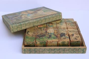 catalog photo of authentic antique wood blocks picture puzzle toy Victorian vintage color print paper illustrations 