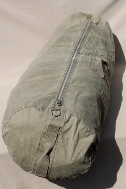 photo of authentic old Army duffel bag, vintage drab cotton canvas duffle bag w/ metal zipper #2