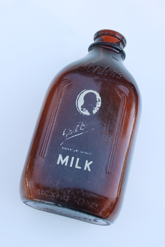 photo of authentic old Borden milk bottle, vintage amber brown glass w/ Gail Borden silhouette #3