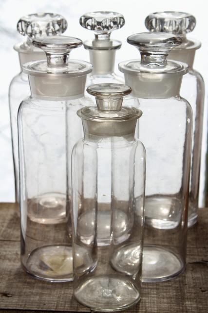 photo of authentic old antique apothecary bottles, tall display pharmacy jars w/ glass stoppers #1