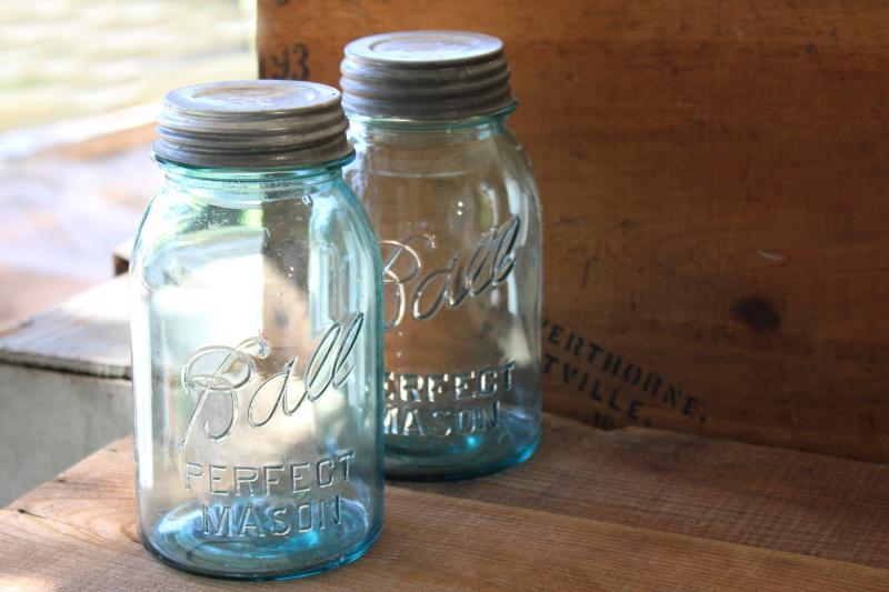 photo of authentic vintage Ball Perfect Mason jars, old aqua blue glass canning jars #1