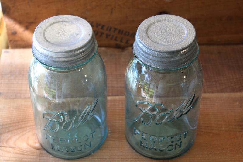 photo of authentic vintage Ball Perfect Mason jars, old aqua blue glass canning jars #2