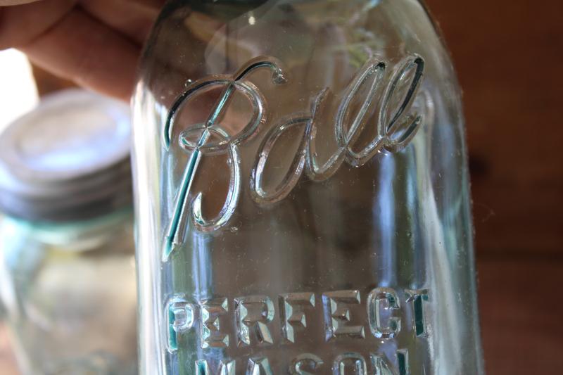 photo of authentic vintage Ball Perfect Mason jars, old aqua blue glass canning jars #5