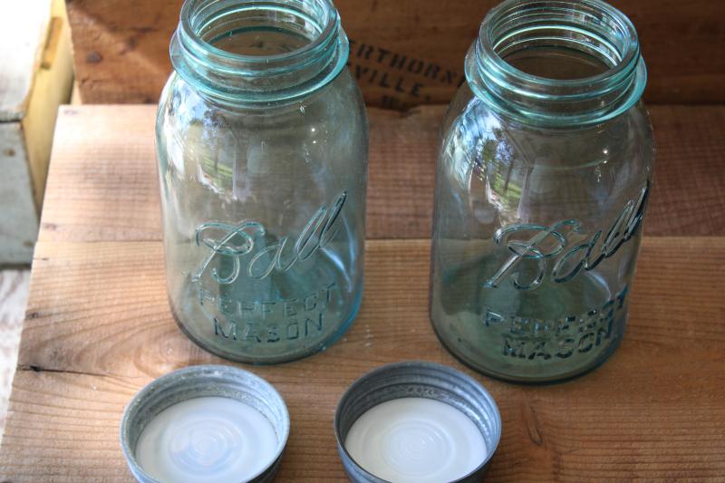 photo of authentic vintage Ball Perfect Mason jars, old aqua blue glass canning jars #7