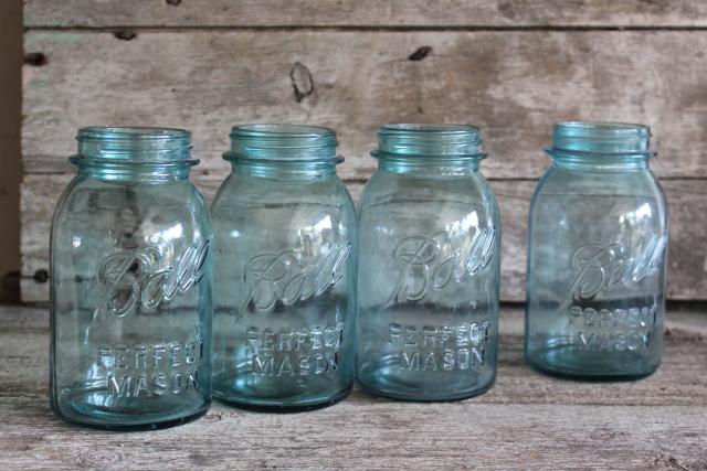 photo of authentic vintage Ball Perfect Mason jars, old aqua blue glass canning jars #1