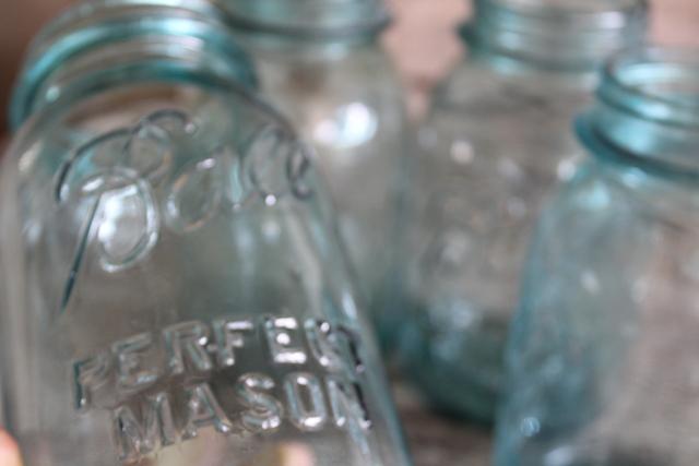 photo of authentic vintage Ball Perfect Mason jars, old aqua blue glass canning jars #5