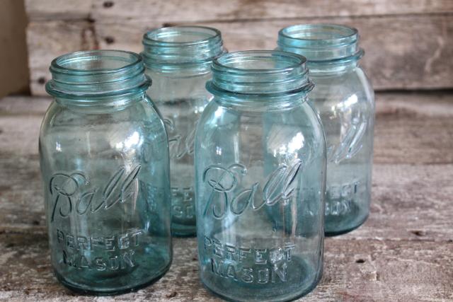 photo of authentic vintage Ball Perfect Mason jars, old aqua blue glass canning jars #6