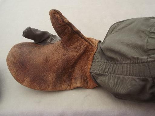 photo of authentic vintage army shooting mittens, drab green cotton w/ leather palm #4