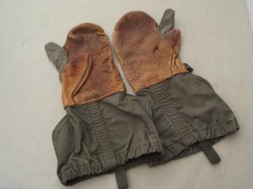 catalog photo of authentic vintage army shooting mittens, drab green cotton w/ leather palm