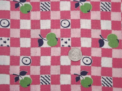 photo of authentic vintage cotton feed sack fabric, green apples & gingham checks #1