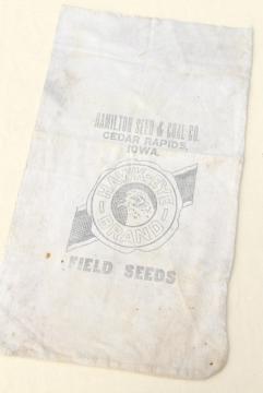 catalog photo of authentic vintage cotton grain sack, hawk eye bird graphics farm seed bag