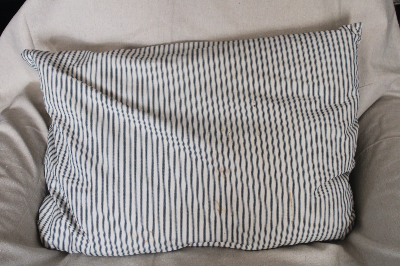 photo of authentic vintage farmhouse feather pillow, old indigo blue striped cotton ticking fabric  #1