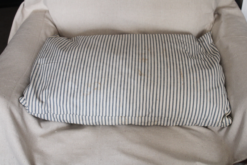 photo of authentic vintage farmhouse feather pillow, old indigo blue striped cotton ticking fabric  #2