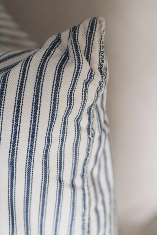 photo of authentic vintage farmhouse feather pillow, old indigo blue striped cotton ticking fabric  #5