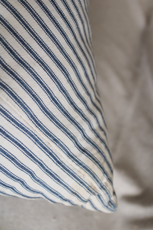 photo of authentic vintage farmhouse feather pillow, old indigo blue striped cotton ticking fabric  #6