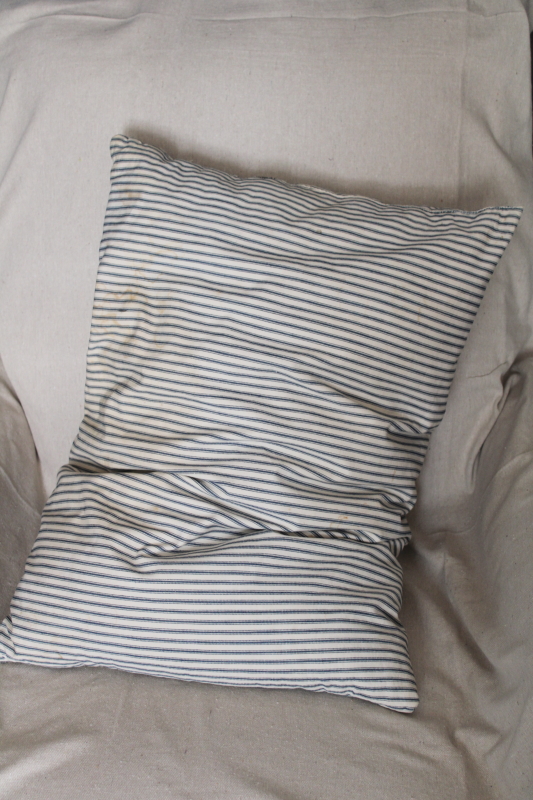 photo of authentic vintage farmhouse feather pillow, old indigo blue striped cotton ticking fabric  #7