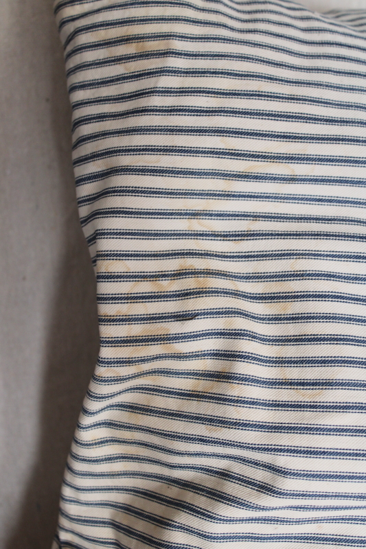 photo of authentic vintage farmhouse feather pillow, old indigo blue striped cotton ticking fabric  #8