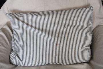 catalog photo of authentic vintage farmhouse feather pillow, old indigo blue striped cotton ticking fabric 