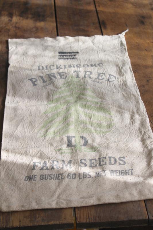 photo of authentic vintage feed sack Pine Tree Farm Seeds, farmhouse rustic homespun grain bag #1