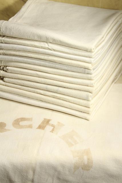 photo of authentic vintage unbleached cotton feedsack fabric, lot of a dozen old grain sacks #1