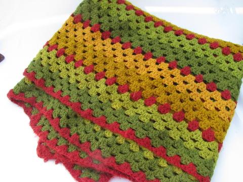 photo of autumn colors vintage crochet acrylic afghan, fall greens, golds #1